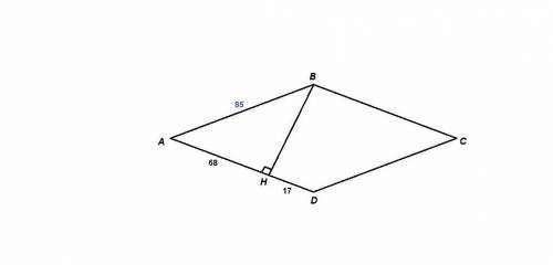 Высота bh ромба abcd делит его сторону ad на отрезки ah=68 и hd=17.найдите площадь ромба.