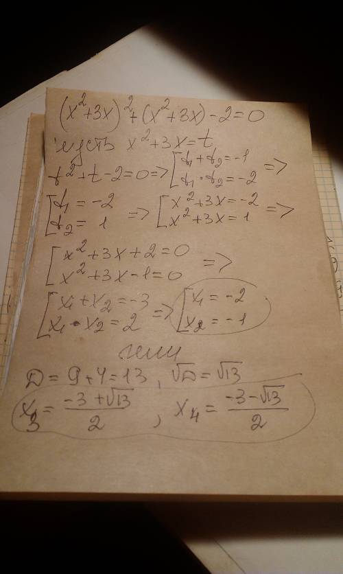 Рациональные уравнения: (x^2+3x)^2+(x^2+3x)-2=0