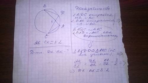 Хорды ab и cd пересекаются в точке k. найдите dk : bk , если ak : ck=3: 2. обоснуйте ответ 10 .