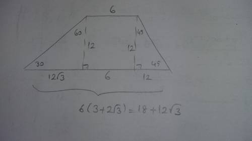 Втрапеции большее основание равно 6(3 + 2√3)дм, а высота-12дм. острые углы трапеции равны 30градусов