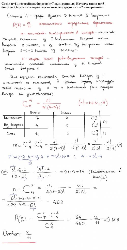 Среди n=11 лотерейных билетов k=7 выигрышных. наудачу взяли m=5 билетов. определить вероятность того