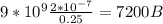 9*10 ^{9} \frac{2 *10^{-7} }{0.25} =7200B