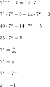 7^{2+x}-5=14\cdot 7^{x}\\\\7^2\cdot 7^{x}-5-14\cdot 7^{x}=0\\\\49\cdot 7^{x}-14\cdot 7^{x}=5\\\\35\cdot 7^{x}=5\\\\7^{x}=\frac{5}{35}\\\\7^{x}=\frac{1}{7}\\\\7^{x}=7^{-1}\\\\x=-1