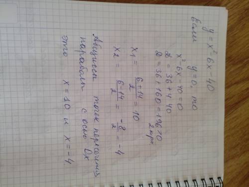 Найдите абсциссы точек пересечения параболы y=x²-6x-40 с осью 0x