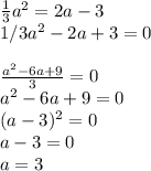 \frac{1}{3} a^2=2a-3 \\ 1/3a^2-2a+3=0 \\ \\ \frac{a^2-6a+9}{3}=0 \\ a^2-6a+9=0 \\ (a-3)^2=0 \\ a-3=0 \\ a=3