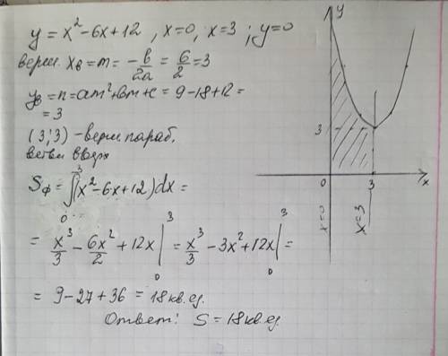 Вычислите площадь фигуры, ограниченной линиями y=x^2-6x+12; x=0; x=3; y=0.