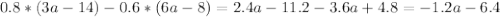 0.8*(3a-14)-0.6*(6a-8) =2.4a-11.2-3.6a+4.8=-1.2a-6.4