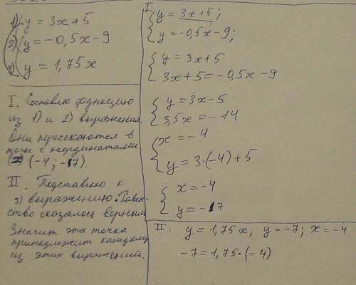 Докажите , что y=3x+5 , y=-0.5x-9 , y=1,75x пересекаются в 1 точке