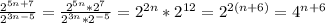 \frac{2^{5n+7}}{2^{3n-5}} = \frac{2^{5n}*2^{7}}{2^{3n}*2^{-5}} =2^{2n}*2^{12}=2^{2(n+6)}=4^{n+6}