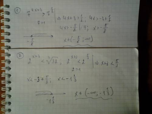 Решить решите неравенство: 1) 7^(4*x + 3) > √7 2) 2^(x + 3) < 3√32