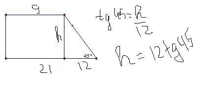 Найдите площадь прямоугольной трапеции, основания которой равны 9 и21 , большая боковая сторона сост
