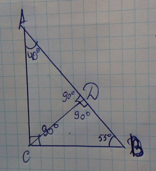 Втреугольнике abc , где угол с-прямой, (90градусов), угол а=40градусов , сd-высота , угол в=55градус