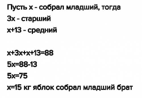 )три брата собрали 88 кг яблок.старший собрал в 3 раза больше, чем младший ,а средний -на 13 кг боль