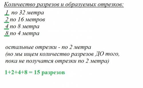 Шнур длиной 32 метра складывают пополам и разрезают в месте сгиба .каждый из полученных кусков снова