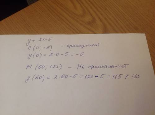 Выясните принадлежат ли точки графику функции y=2x-5 , c( 0 ; -5) , m( 60 ; 125 )