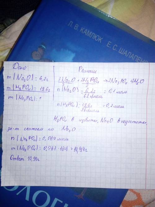 Какая масса соли образуется при взаимодействии 6,2 г оксида натрия с 19,6г с фосфорной кислотой