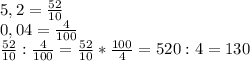 5,2= \frac{52}{10} \\&#10;0,04= \frac{4}{100} \\&#10; \frac{52}{10} : \frac{4}{100} = \frac{52}{10} * \frac{100}{4} = 520:4=130