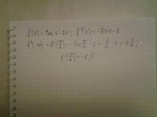 Найдите значение производной функции f(x)=cosx-2x в точке x0=п/6