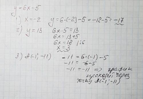 Функция задана формулой y=6x-5. определитель 1)значение функции,если значение аргумента равно -2. 2)