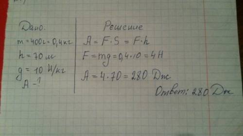 7класс : ястреб ,масса которого 400г,воздушным потоком поднят на высоту 70м.определите работу силы,п