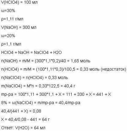 1. смешали 100 мл 30%-ного раствора хлорной кислоты (ρ = 1,11 г/мл) и 300 мл 20%-ного раствора гидро