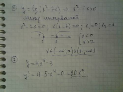 Две ! 1.найдите область определения функции y=lg⁡(x^2-7x) 2.вычислить производную функции y=4x^5-∛3