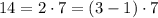 14=2\cdot7= (3-1)\cdot7