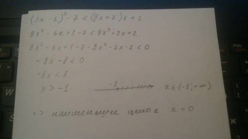 (3x -1)*2-7 < (9x+2)x+2 найдите наименьшее целое число,удовлетворяющее неравенству