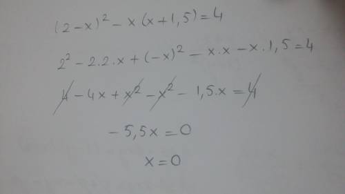 Решить уравнение. (2-x)²-x (x+1,5)=4