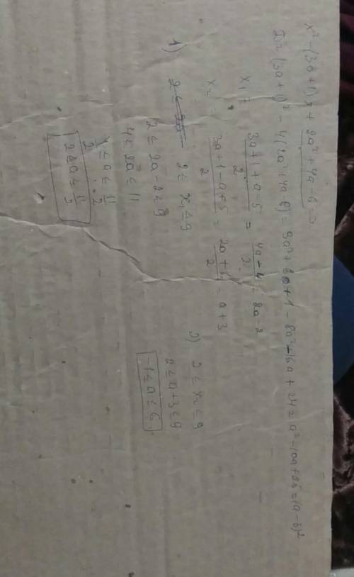 При каких значениях а оба корня уравнения x^2-(3a+1)x+2a^2+4a-6=0 принадлежат числовому промежутку [