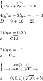 \left \{ {{x \geq 0} \atop {4lg^2x+3lgx-1\ \textgreater \ 0}} \right. \\ \\ 4lg^2x+3lgx-1=0 \\ D=9+16=25 \\ \\ 1)lgx=0.25 \\ x= \sqrt[4]{10} \\ \\ 2)lgx=-1 \\ x=0.1 \\ \\ \left \{ {{x=[0;+b)} \atop {x=(-b;0.1)(\sqrt[4]{10};+b)}} \right. \\ \\ x=[0;0.1)(&#10;\sqrt[4]{10};+b)