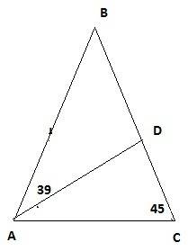 Втреугольнике авс аd-биссектриса,угол с равен 45 градусов ,угол ваd равен39 градусов.найти угол аdв
