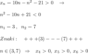 x_{n}=10n-n^2-21\ \textgreater \ 0\; \; \; \to \\\\n^2-10n+21\ \textless \ 0\\\\n_1=3\; ,\; \; n_2=7\\\\Znaki:\; \; \; \; +++(3)---(7)+++\\\\n\in (3,7)\; \; \Rightarrow \; \; \; x_{4}\ \textgreater \ 0,\; x_5\ \textgreater \ 0,\; x_6\ \textgreater \ 0