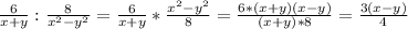 \frac{6}{x+y}: \frac{8}{ x^{2} - y^{2} }= \frac{6}{x+y}* \frac{ x^{2} - y^{2} }{8}= \frac{6*(x+y)(x-y)}{(x+y)*8}= \frac{3(x-y)}{4}