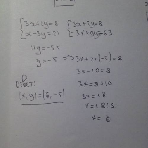 Не выпооняя построения,найдите координаты точки пересечения графиков уравнений 3х+2у=8 и х-3у=21