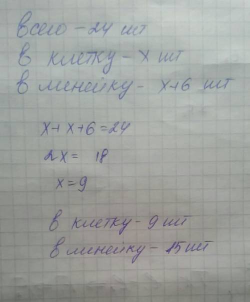 Решите : петя купил 24 тетради, причём тетрадей в линейку он купил на 6 больше, чем в клетку. скольк