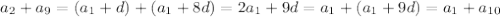 a_2+a_9=(a_1+d)+(a_1+8d)=2a_1+9d=a_1+(a_1+9d)=a_1+a_{10}