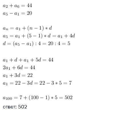 Варифметической прогрессии а₂+а₆ =44, а₅-а₁ =20. найти а₁₀₀ .