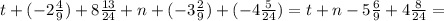 t+(-2 \frac{4}{9} )+8 \frac{13}{24} +n+(-3 \frac{2}{9} )+(-4 \frac{5}{24} )= t+n-5 \frac{6}{9} +4 \frac{8}{24} =