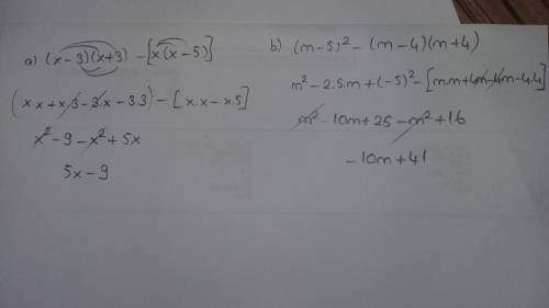 Преобразуйте в многочлен: а) (х-3)(х+3)-х(х-5); б) (м-5)^2-(м-4)(м+4) ! прямо !