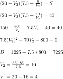 (20-V_2)(7.5+\frac{S}{V_2} )=S \\ \\ &#10;(20-V_2)(7.5+\frac{40}{V_2} )=40&#10; \\ \\ 150+ \frac{800}{V_2} -7.5V_2-40=40 &#10;\\ \\ 7.5(V_2)^2-70V_2-800=0&#10; \\ \\ D=1225+7.5*800=7225 \\ \\ &#10;V_2 =\frac{35+85}{7.5} =16 \\ \\ &#10;V_1=20-16=4&#10;