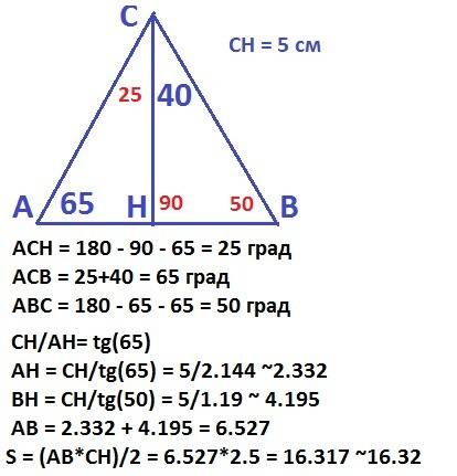 Востроугольном треугольнике высота ch равно 5 см,угол a=65 градусов,угол всн=40 градусов.найдите пло