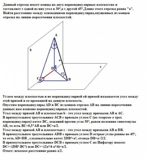 Решите с рисунком! данный отрезок имеет концы на двух перпендикулярные плоскостях и составляет с одн