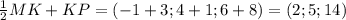 \frac{1}{2} MK+KP=(-1+3;4+1;6+8)=(2;5;14)