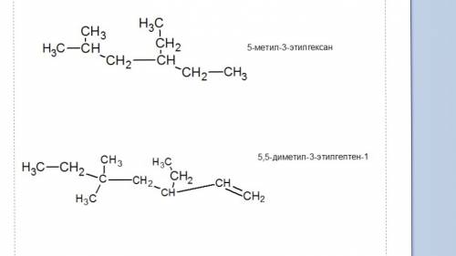 Написать структурные формулы к веществам: 5метил 3этил гексан, 5,5диметил 3этил гептен-1.