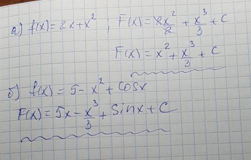 Найдите все первообразные функции: а) f(x)= 2x+x^2 б) f(x)=5-x^2+cos x