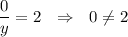 \dfrac{0}{y} =2\,\,\,\, \Rightarrow\,\,\,\, 0\ne2