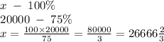 \begin{array}{l}x\;-\;100\%\\20000\;-\;75\%\\x=\frac{100\times20000}{75}=\frac{80000}3=26666\frac23\end{array}