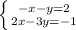 \left \{ {{-x-y=2} \atop {2x-3y=-1}} \right.