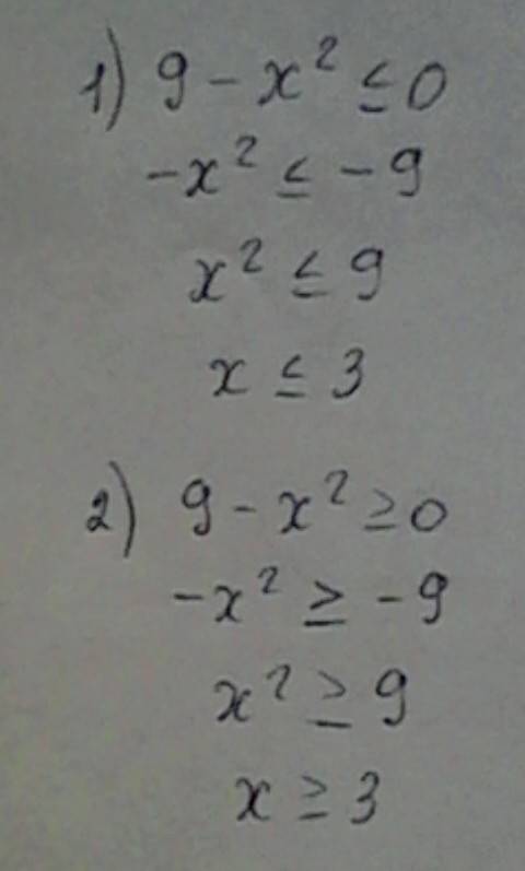 9-x^2 меньше или равно 0 9-x^2 больше или равно 0